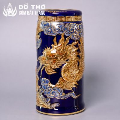 Ống Hương Men Xanh Coban Vẽ Vàng Họa Tiết Rồng Đắp Nổi DT-OH04 - Chi tiết 2