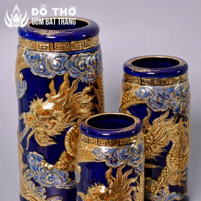 Ống Hương Men Xanh Coban Vẽ Vàng Họa Tiết Rồng Đắp Nổi DT-OH04 - Chi tiết 3