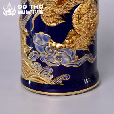 Ống Hương Men Xanh Coban Vẽ Vàng Họa Tiết Rồng Đắp Nổi DT-OH04 - Chi tiết 4