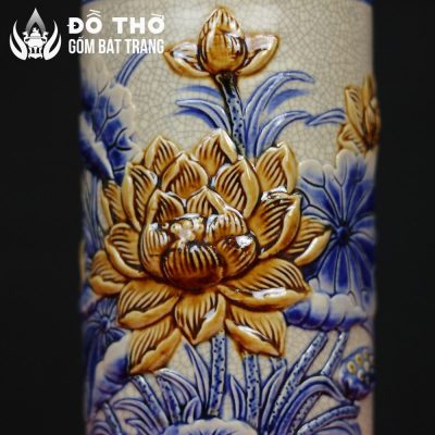 Ống Hương Thờ Men Rạn Đắp Nổi Hoa Sen Gốm Bát Tràng DT-OH03 - Chi tiết 4
