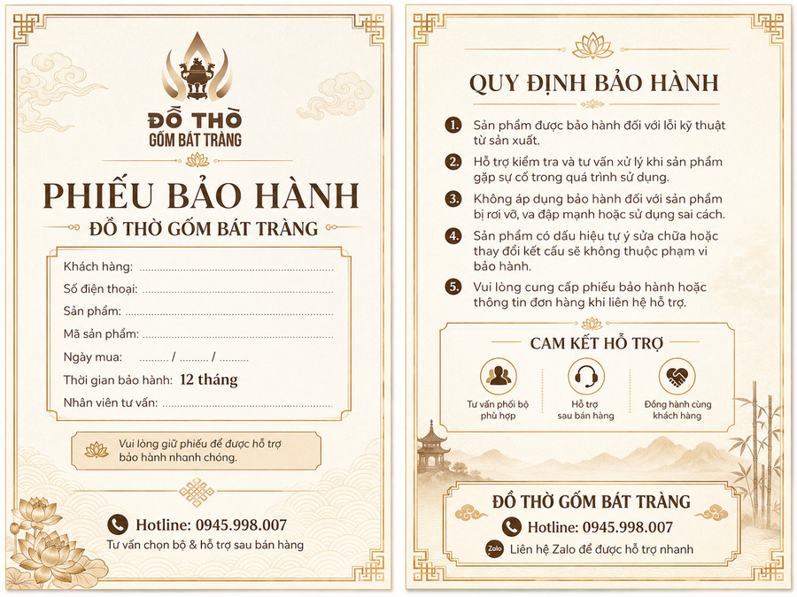 Phiếu bảo hành đồ thờ gốm Bát Tràng